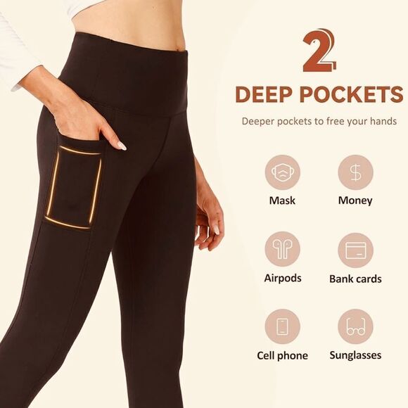 Gayhay Buttery Soft High Waist Leg Pocket Fleece Lined Leggings Brown - Picture 6 of 16